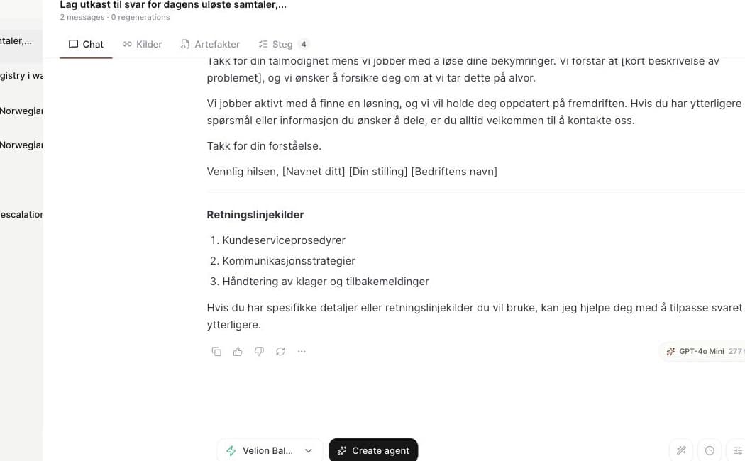 Verevon-chat med svarutkast og synlige retningslinjekilder som en person kan gjennomgå og endre.