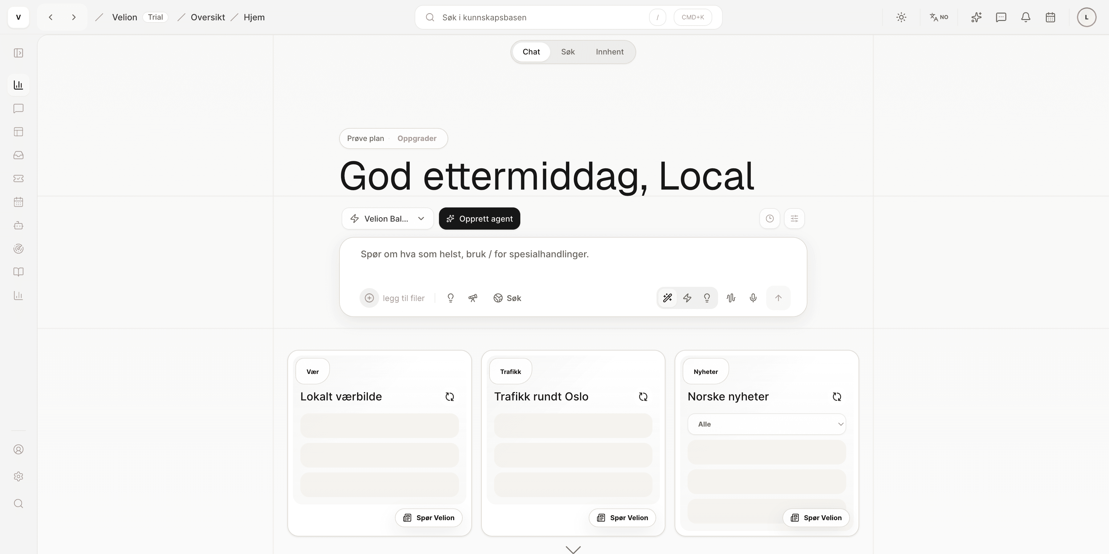 Verevon-oversikten med søk, arbeidsflater og innganger til teamets daglige arbeid.